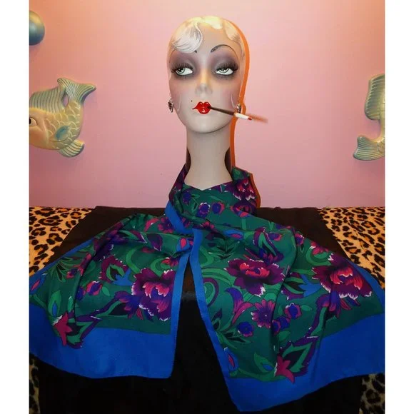 Vintage Purple & Blue Floral Scarf pinup retro rockabilly head wrap bow neck - Picture 4 of 10